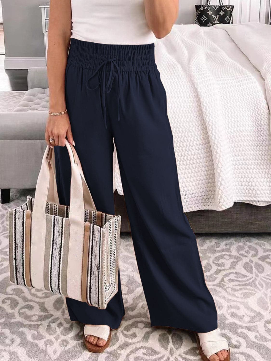 Full Size Drawstring High Waist Wide Leg Pants.