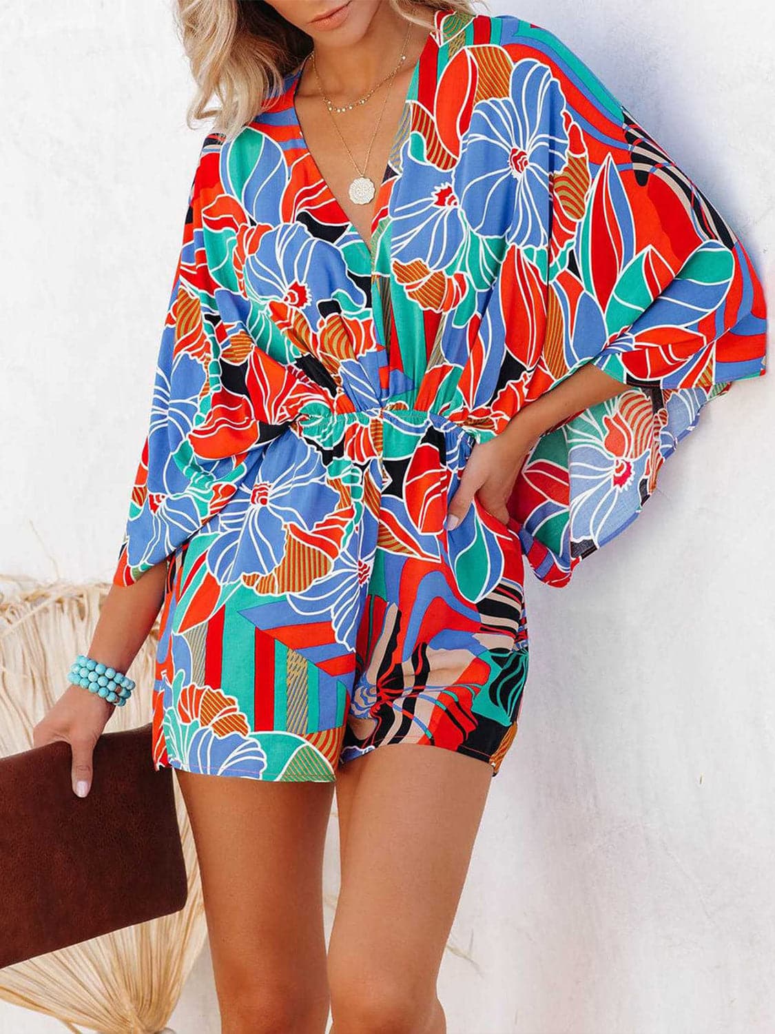 Tied Printed Kimono Sleeve Romper.