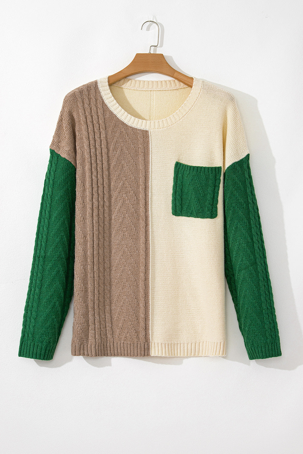 Mist Green Plus Size Color Block Cable Knit Sweater with Drop Shoulders