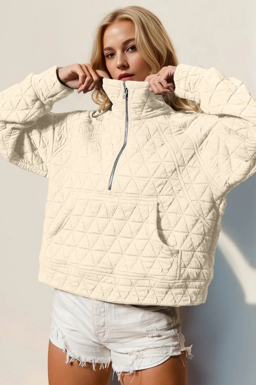 Double Take Half Zip Long Sleeve Quilted Sweatshirt with Pocket - Love Salve