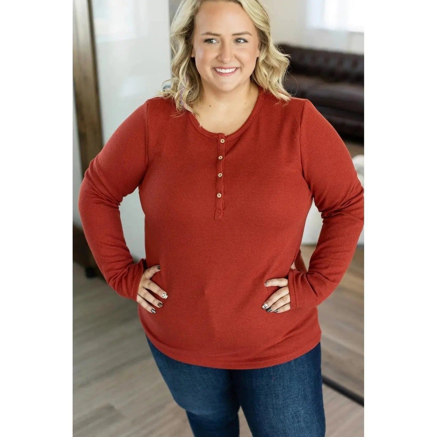 Rust Henley Shirt Women Long Sleeve with Thumb Holes MM