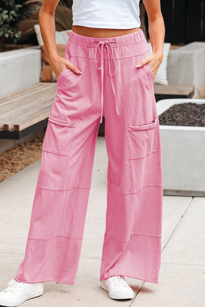 Bonbon Mineral Wash Exposed Seam Drawstring High Waist Cargo Pants