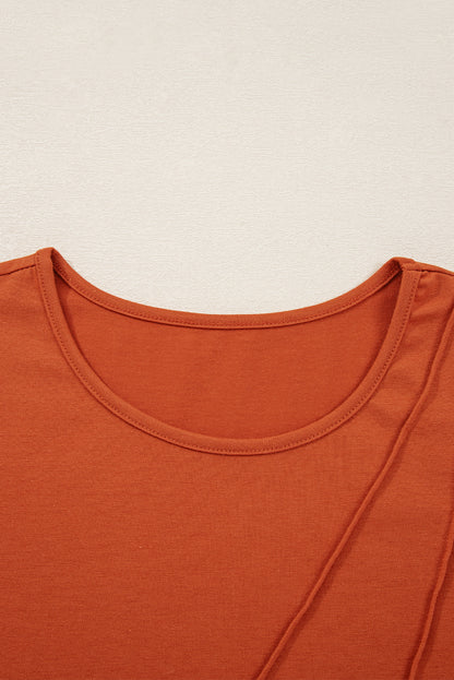 Red Clay Asymmetric Seam Detail Solid Color Long Sleeve Top
