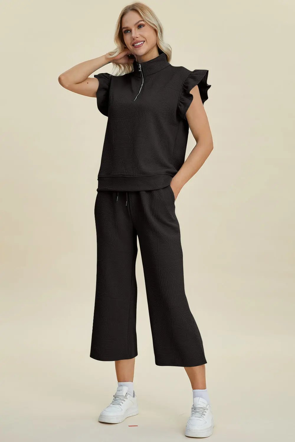 Double Take Full Size Texture Ruffle Short Sleeve Top and Wide Leg Pants Set - Love Salve