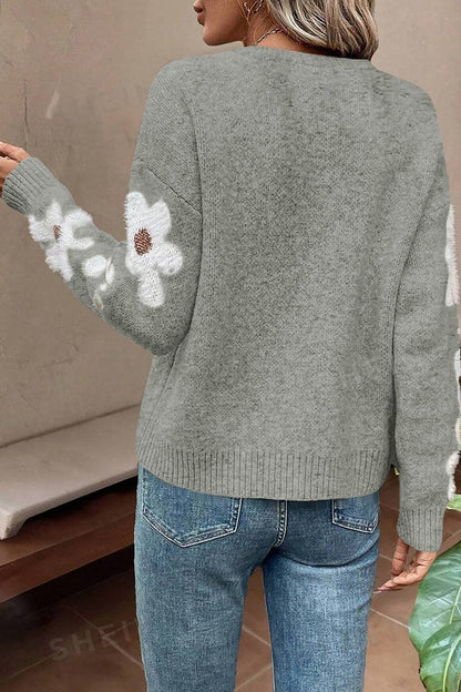 Flower Round Neck Long Sleeve Sweater.