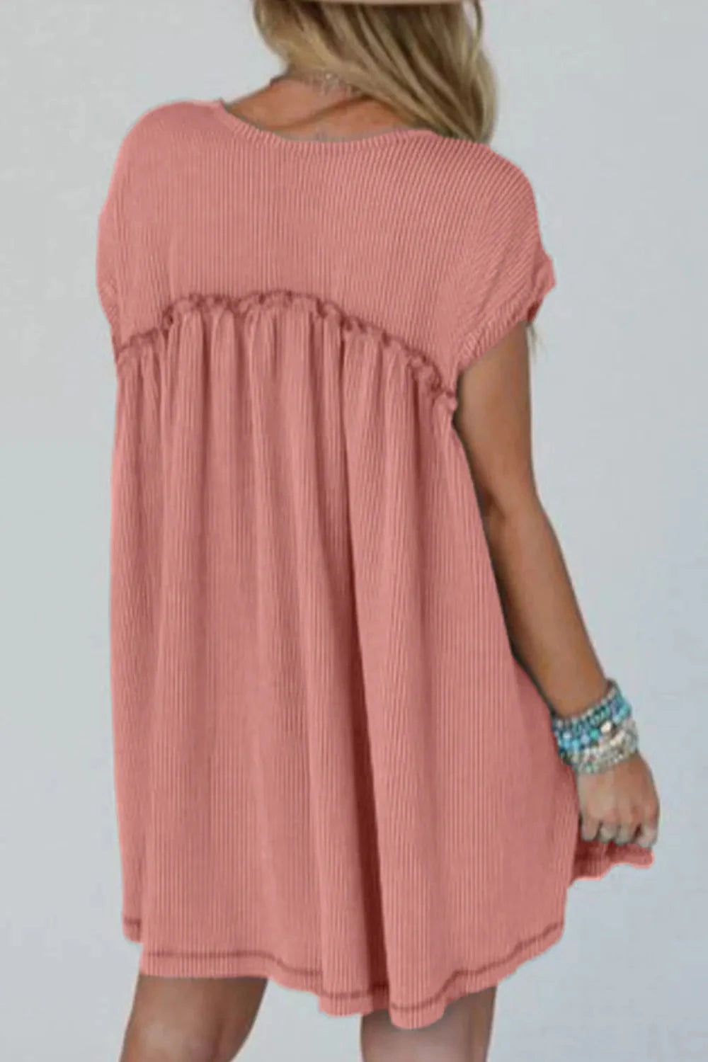 Corded Knit Textured Patched Pocket Frilled Swing Mini Dress with Pockets Simply Love