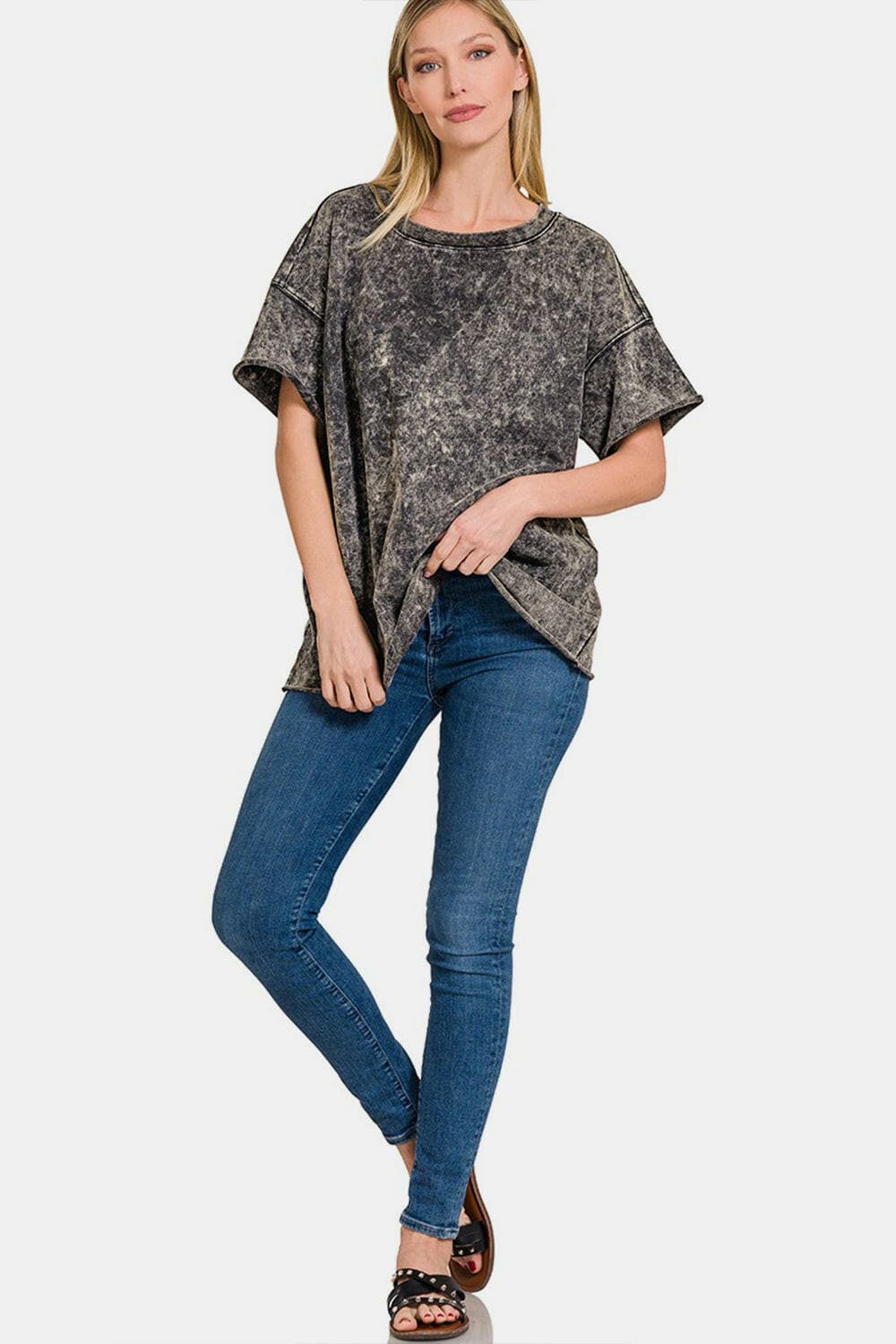 Zenana Rolled Round Neck Short Sleeve T-Shirt.