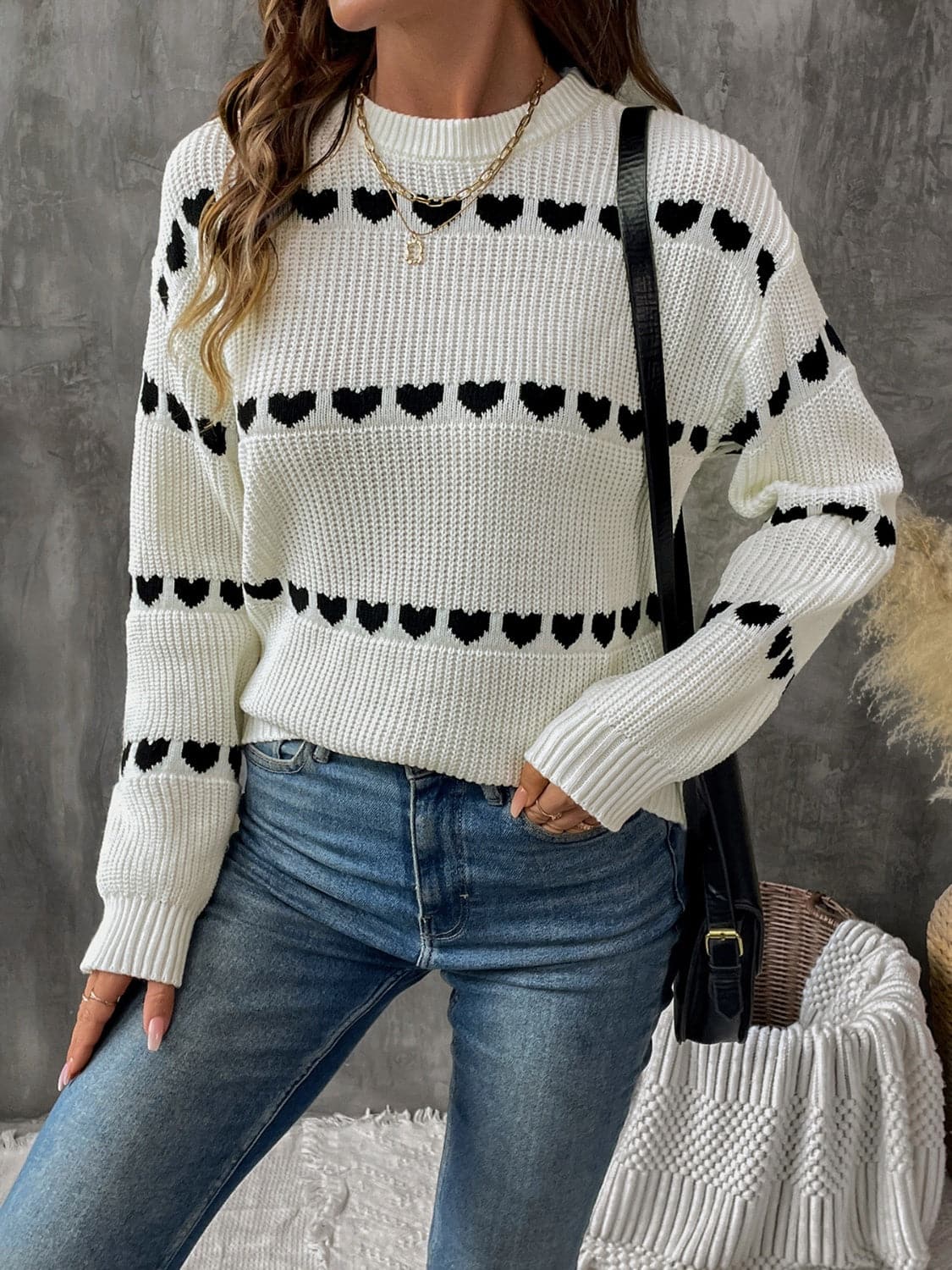 Cozy heart print long sleeve sweater