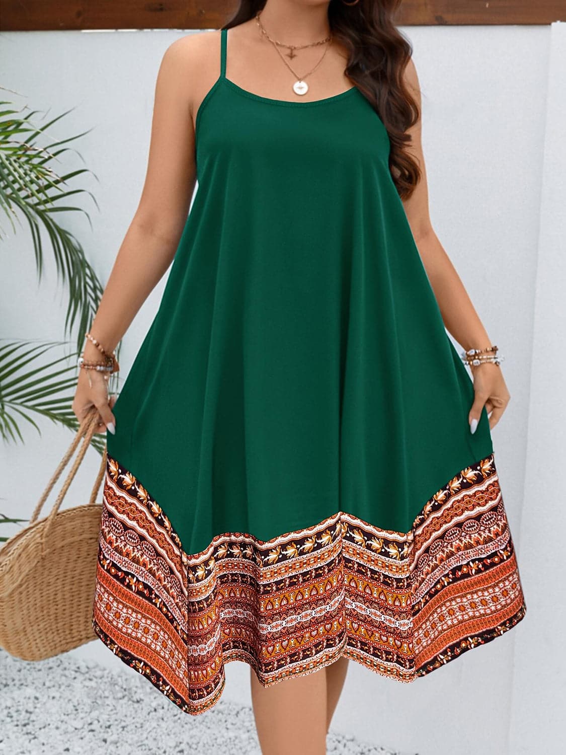 Plus Size Printed Round Neck Cami Dress.