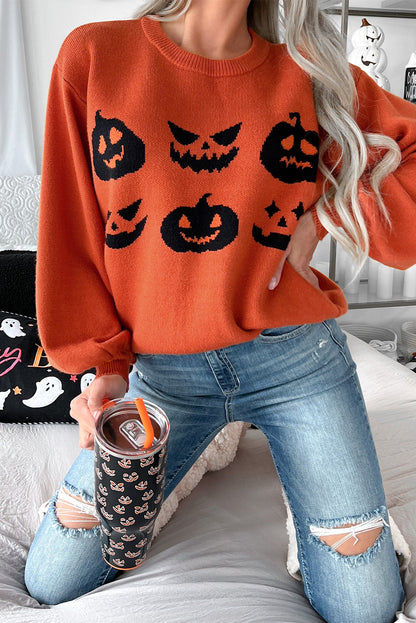 Spooky pumpkin face drop shoulder sweater for Halloween fun