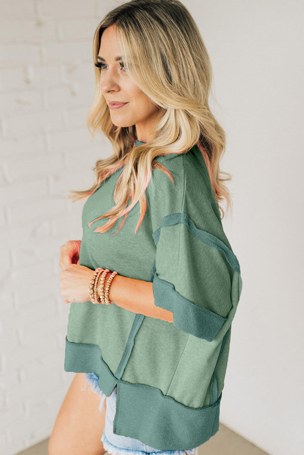 Smoke Green Half Sleeve Raw Seam High Low Side Split Top