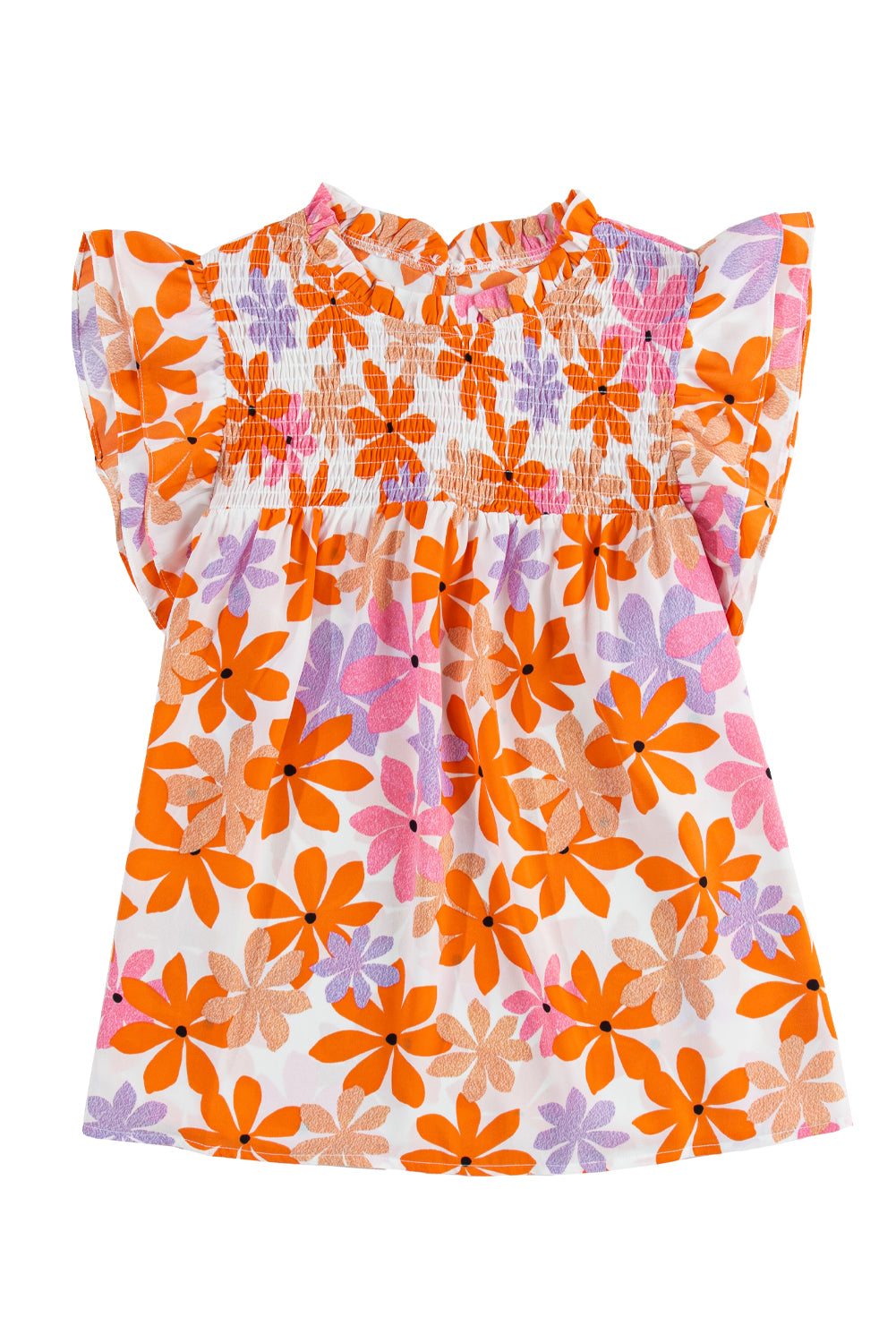 Floral delight: Orange ruffled sleeve top with smocked detail