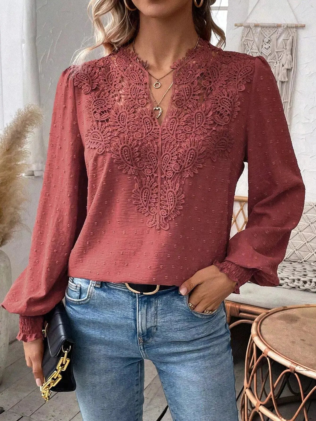 Lace Trim Long Sleeve Blouse Simply Love