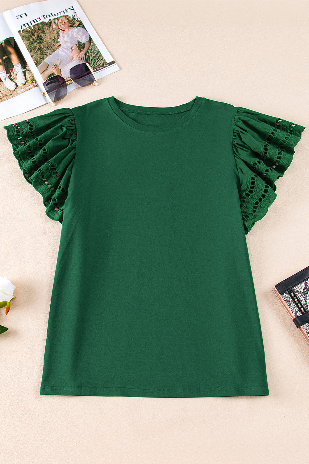 Elegant green plus size flutter sleeve blouse