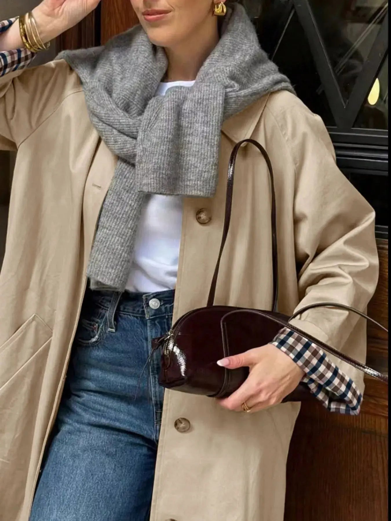 Checkered Lining Button Up Trench Coat Simply Love