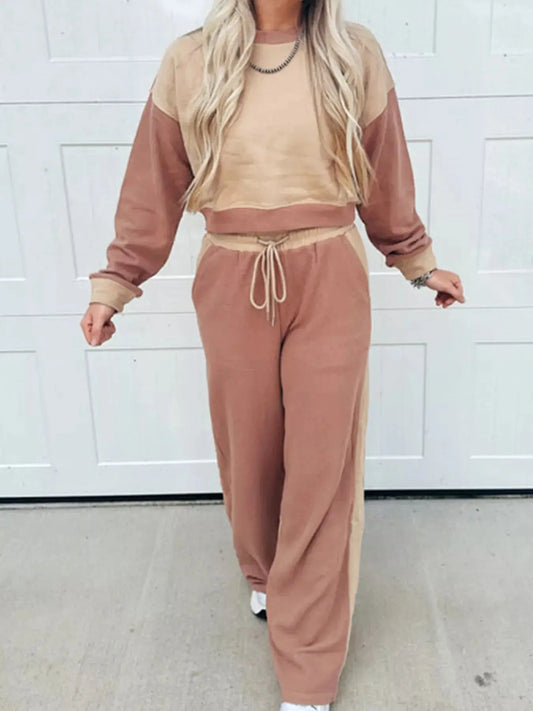 Color Block Long Sleeve Crop Top Drawstring Pant Set Simply Love