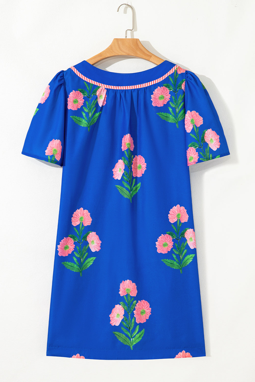 Blue Floral Short Sleeve Split Neck Loose Mini Dress - Love Salve 