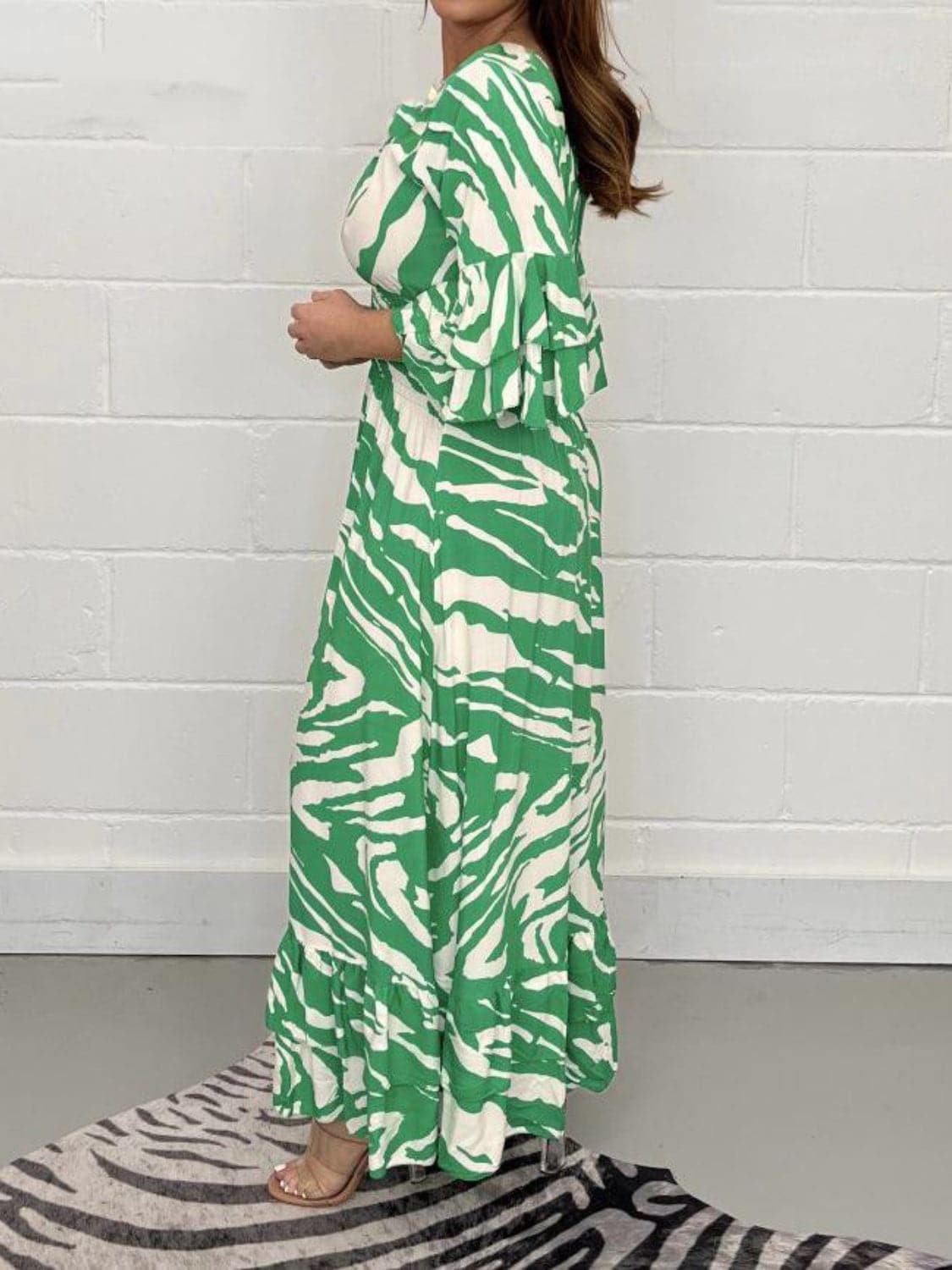 Smocked Printed Flounce Sleeve Maxi Dress.