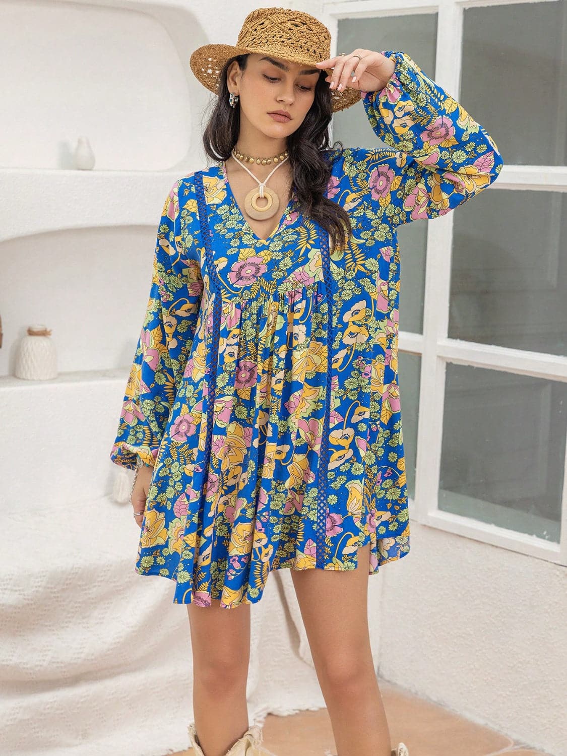 Printed V-Neck Balloon Sleeve Mini Dress.