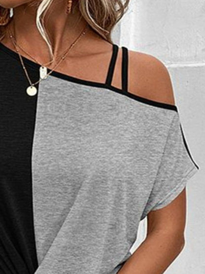 Contrast Asymmetrical Neck Short Sleeve T-Shirt.