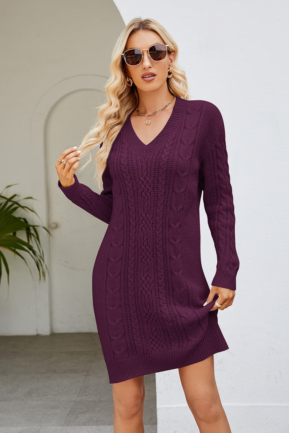 Cable-Knit Long Sleeve Sweater Dress.