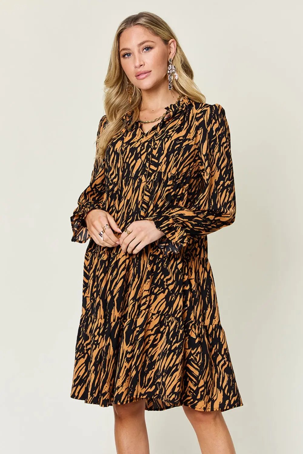 Double Take Full Size Printed Ruffle Hem Long Sleeve Dress - Love Salve