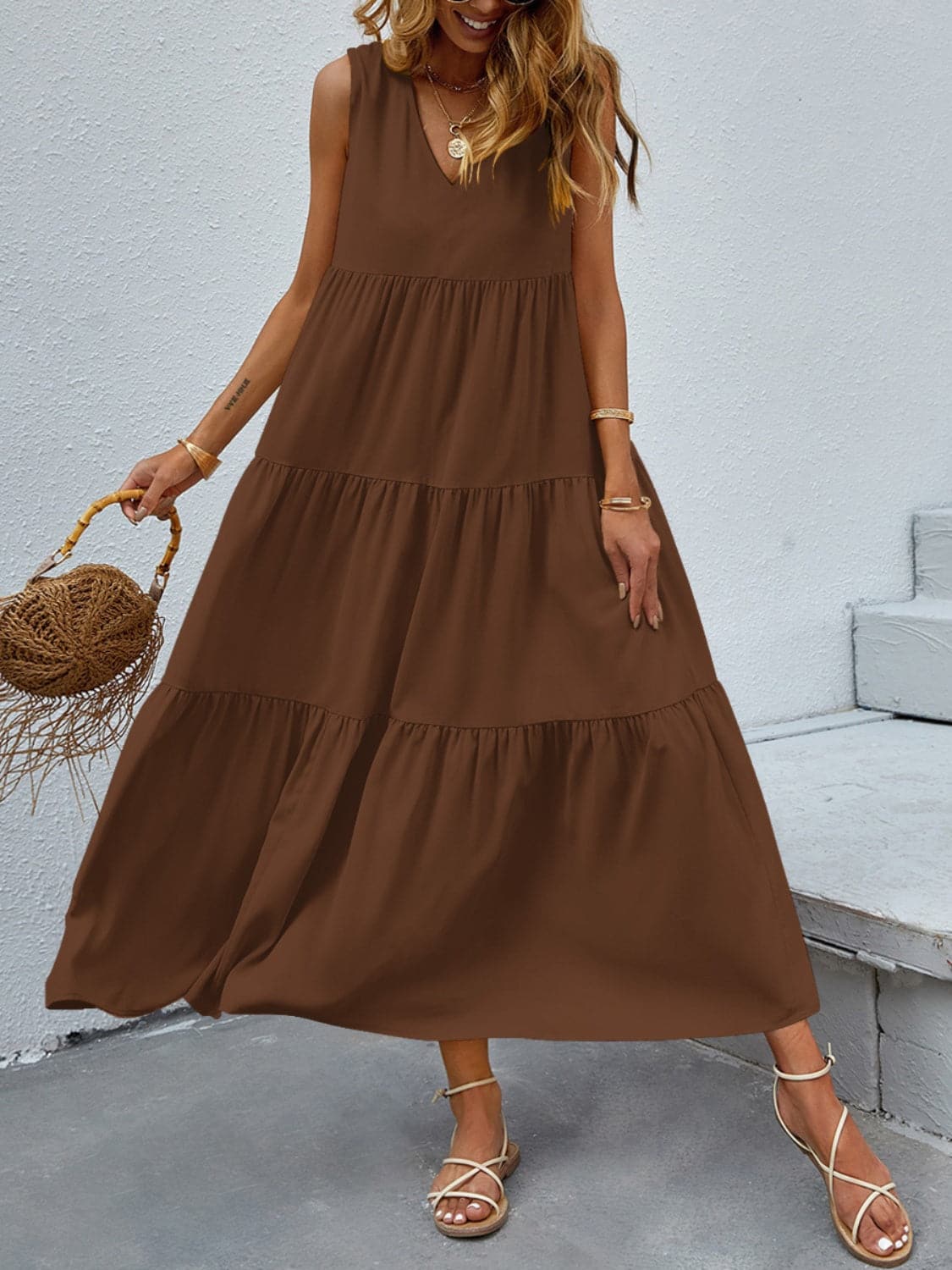 Tiered V-Neck Sleeve Dress.