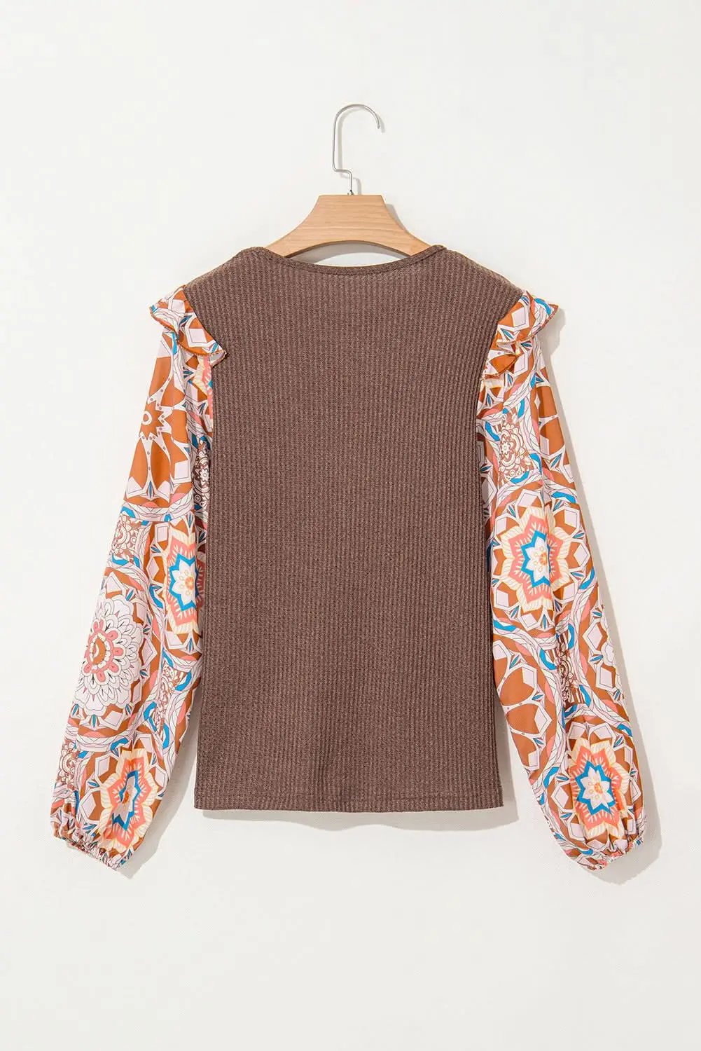 Coffee Ruffled Floral Sleeve Patchwork Waffle Knit O Neck Blouse - Love Salve 