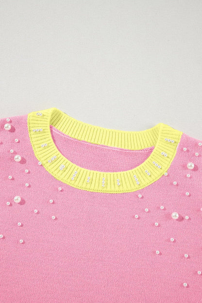 Pearl Detail Contrast Round Neck Sweater.