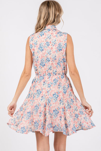 GeeGee Full Size Floral Eyelet Sleeveless Mini Dress.