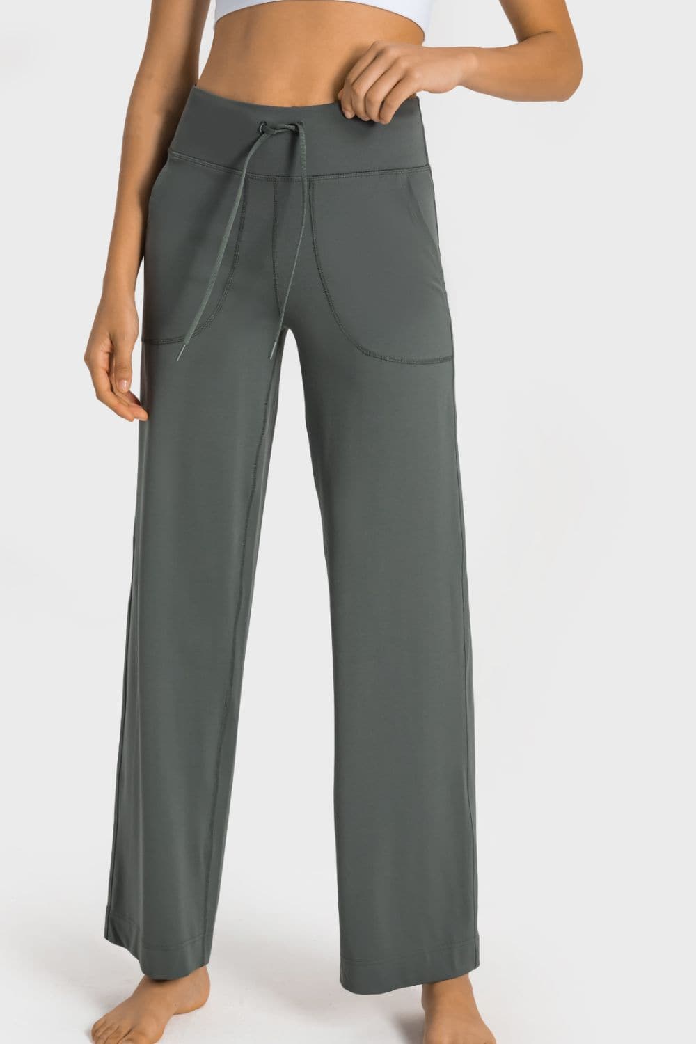 Drawstring Waist Wide Leg Sports Pants with Pockets.