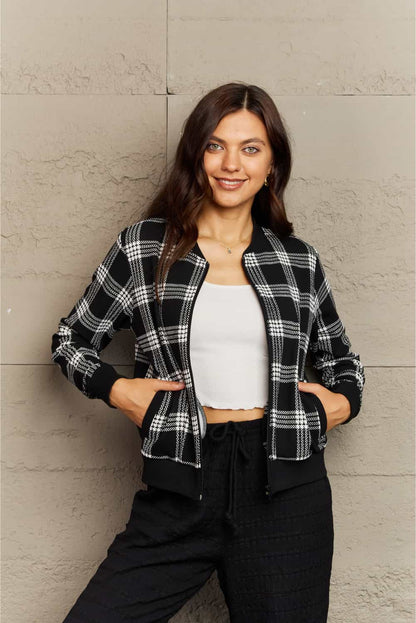 Ninexis Full Size Plaid Round Neck Long Sleeve Jacket.