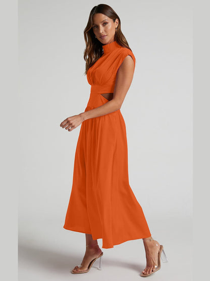 Cutout Mock Neck Sleeveless Ruched Dress.