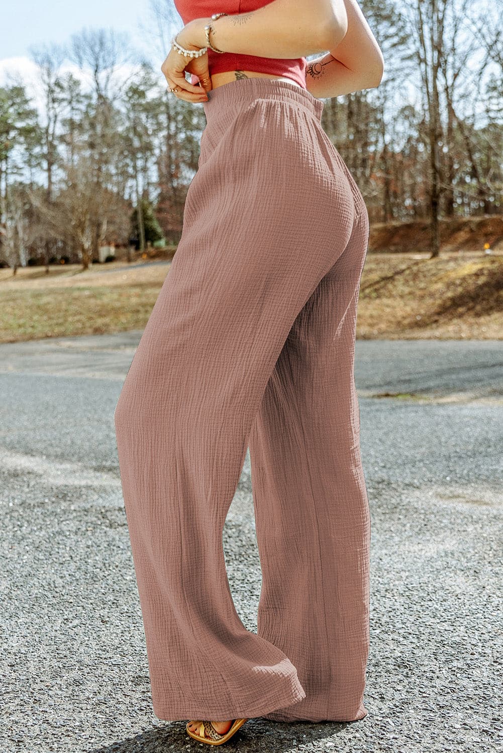 Texture Tied Wide Leg Pants.