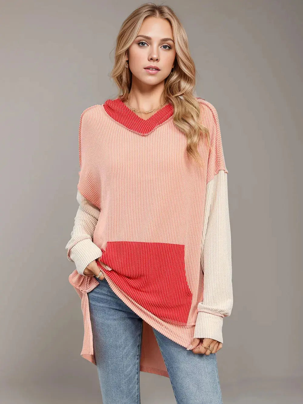 Double Take Contrast Hooded Long Sleeve Top - Love Salve