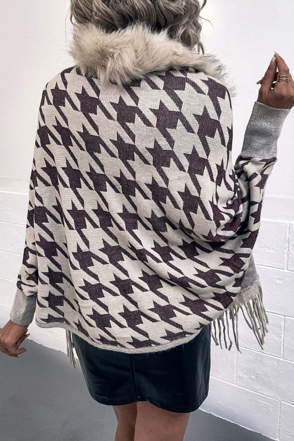 Houndstooth Fringe Hem Poncho.