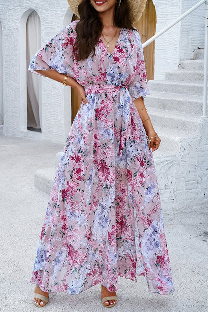 Printed Tied Half Sleeve Slit Dress.