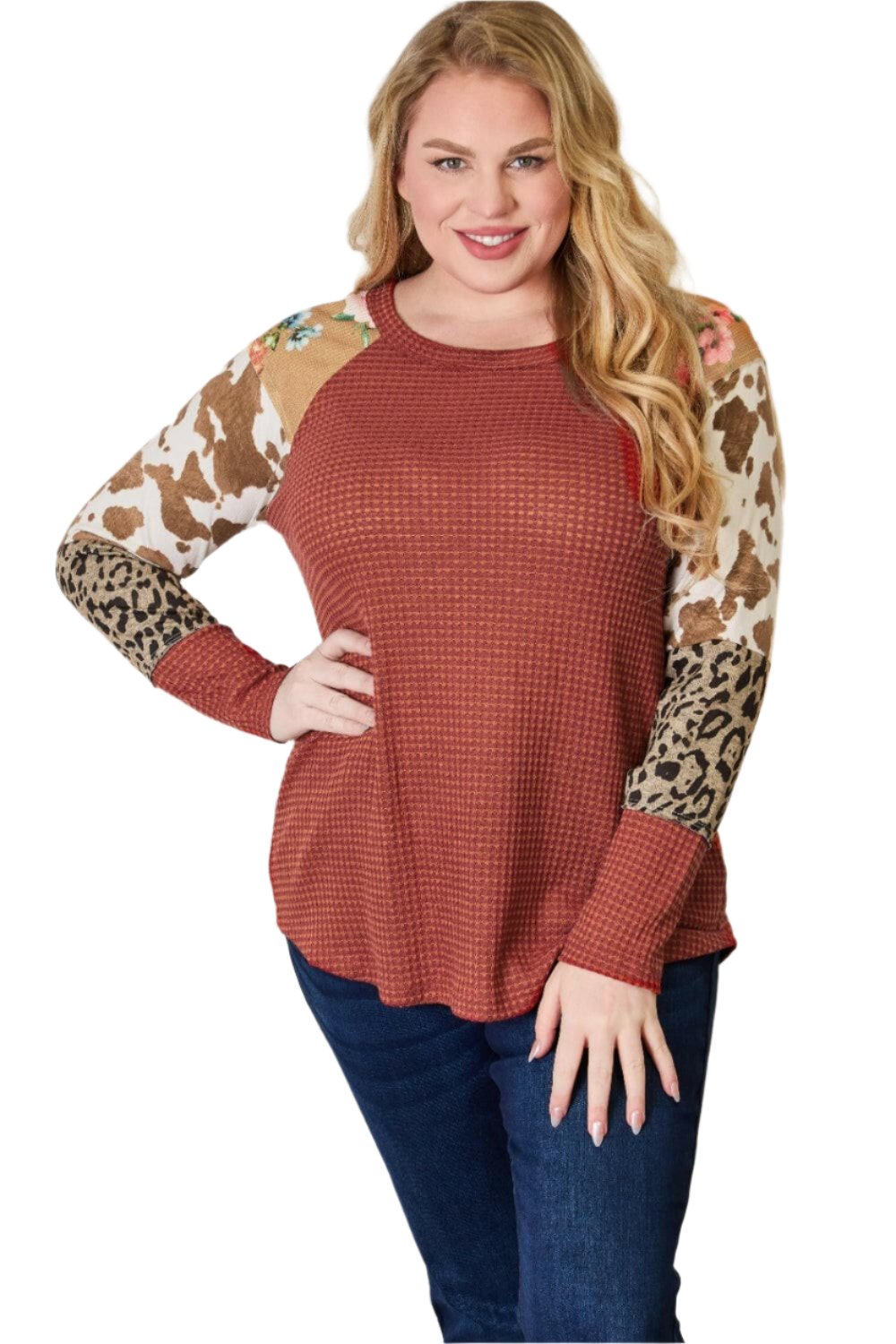 Hailey & Co Full Size Leopard Waffle-Knit Blouse.