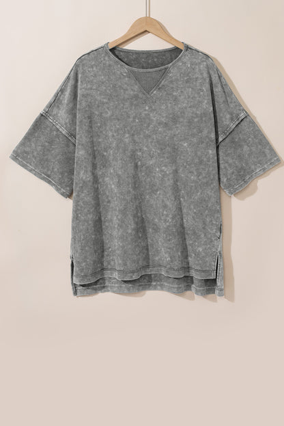 Stylish light grey oversized patchwork tee for effortless chic