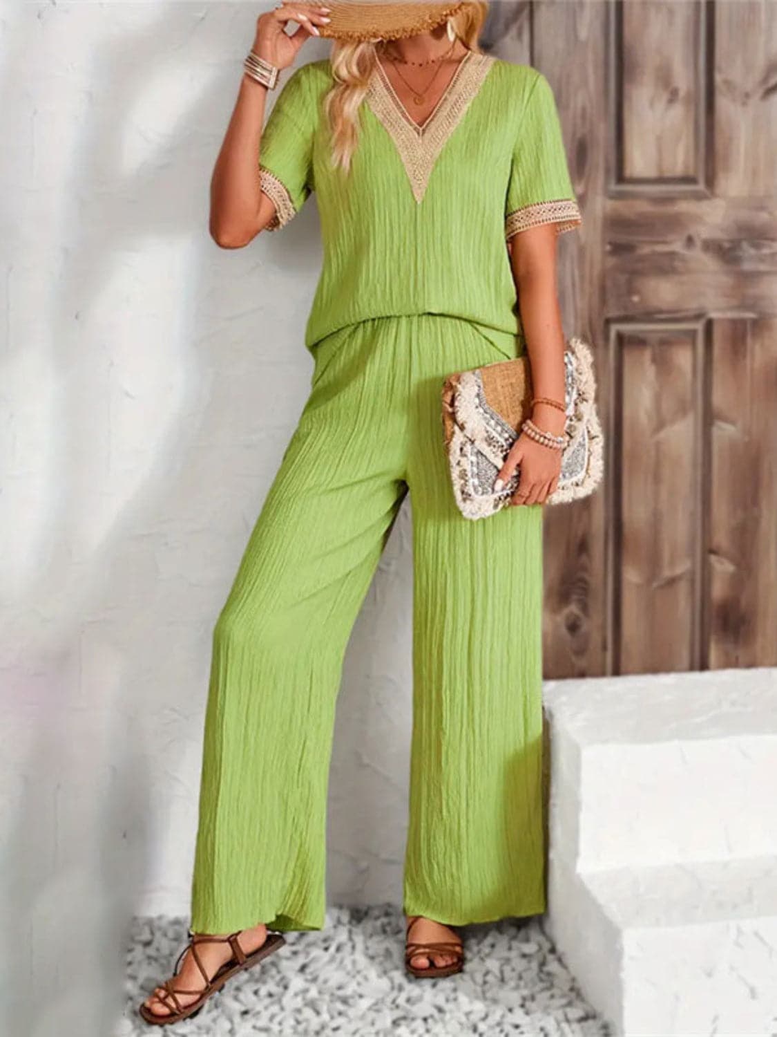 V-Neck Short Sleeve Top and Pants Set.