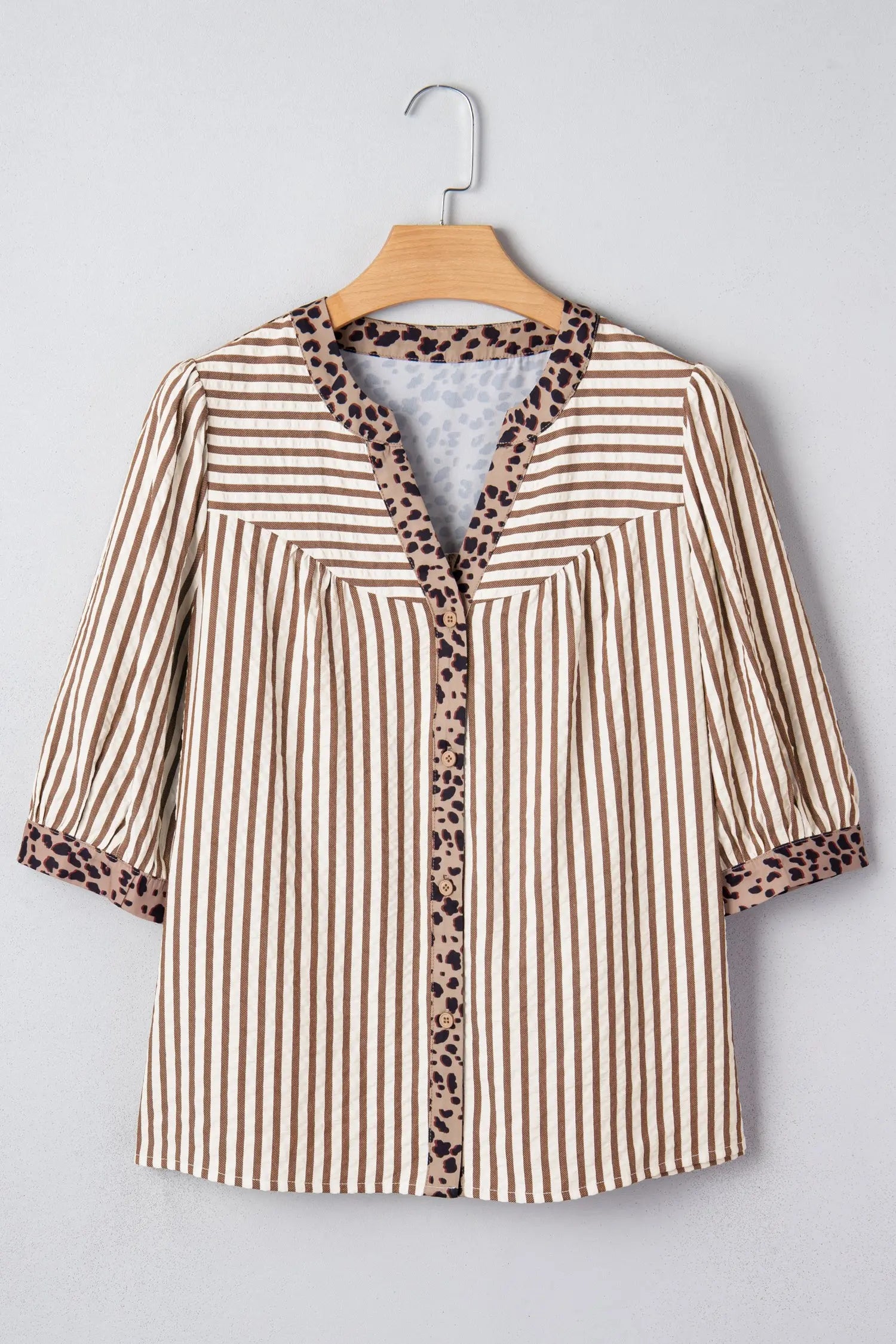 Brown Stripe Leopard Trim V Neck Button Down Half Sleeve Shirt Dear-Lover Dropshipping
