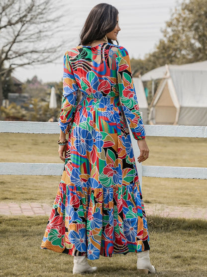 Printed Smocked Tie Neck Balloon Sleeve Maxi Dress.