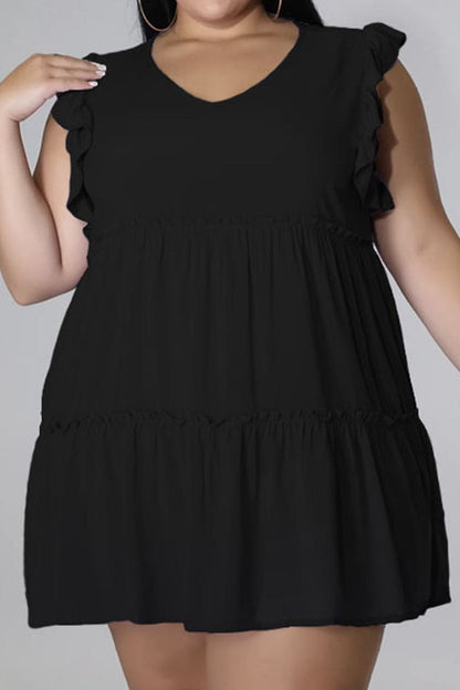 Plus Size V-Neck Frill Trim Mini Dress.