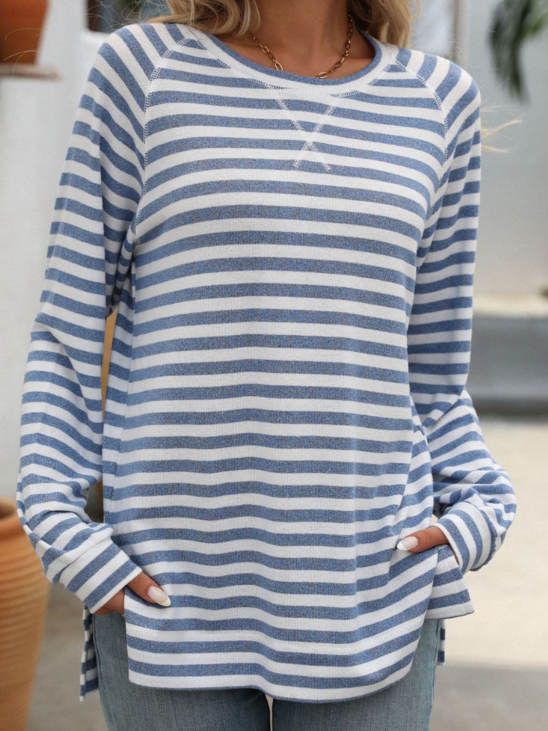 Striped Round Neck Long Sleeve T-Shirt.