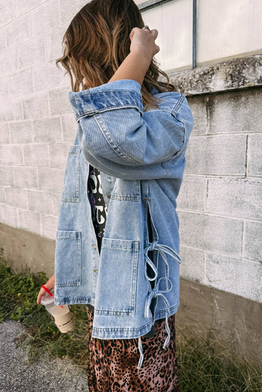 Beau Blue Patchwork Pockets Side Tie Boyfriend Denim Jacket
