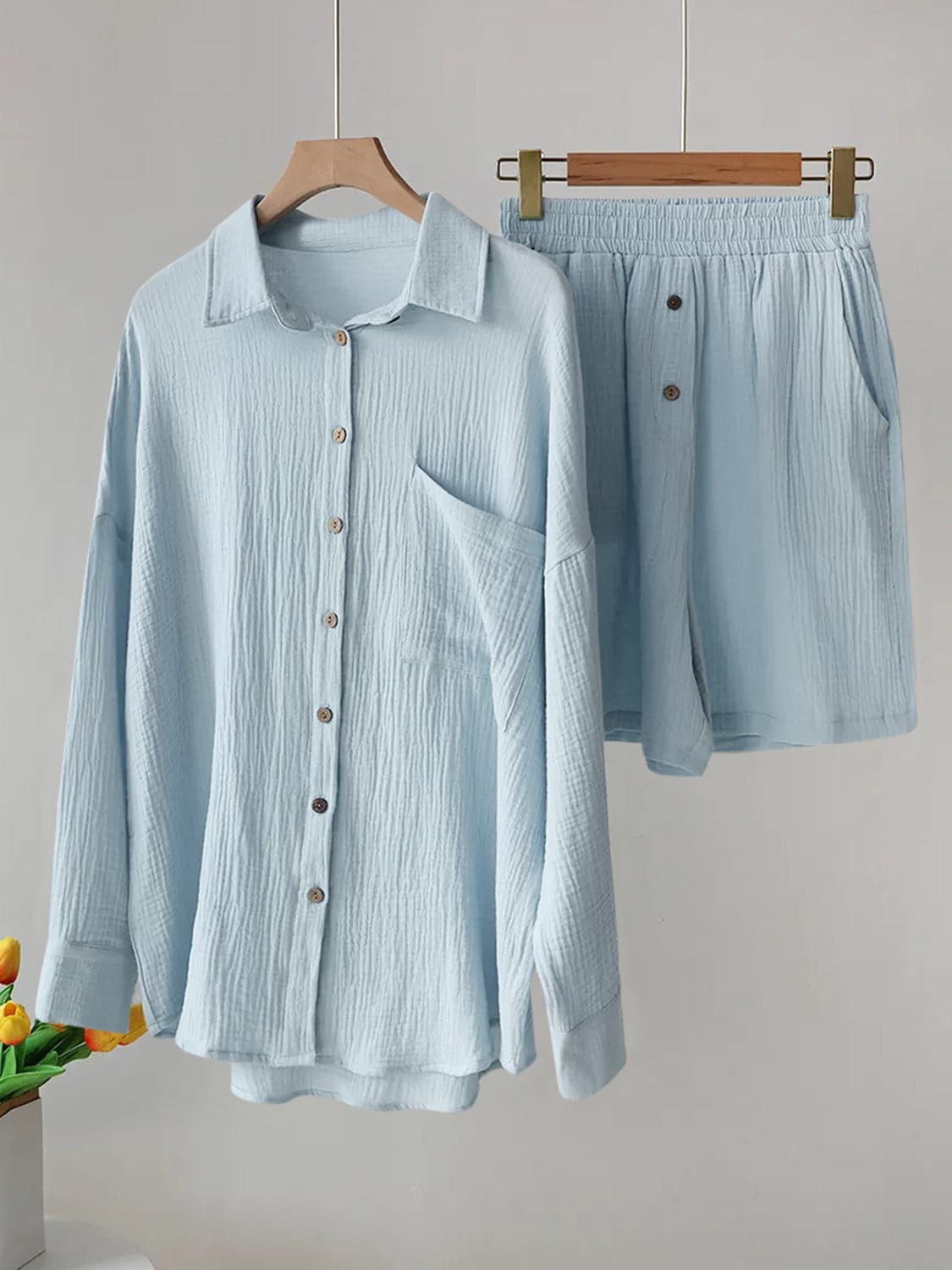 Button Up Dropped Shoulder Top and Shorts Set.