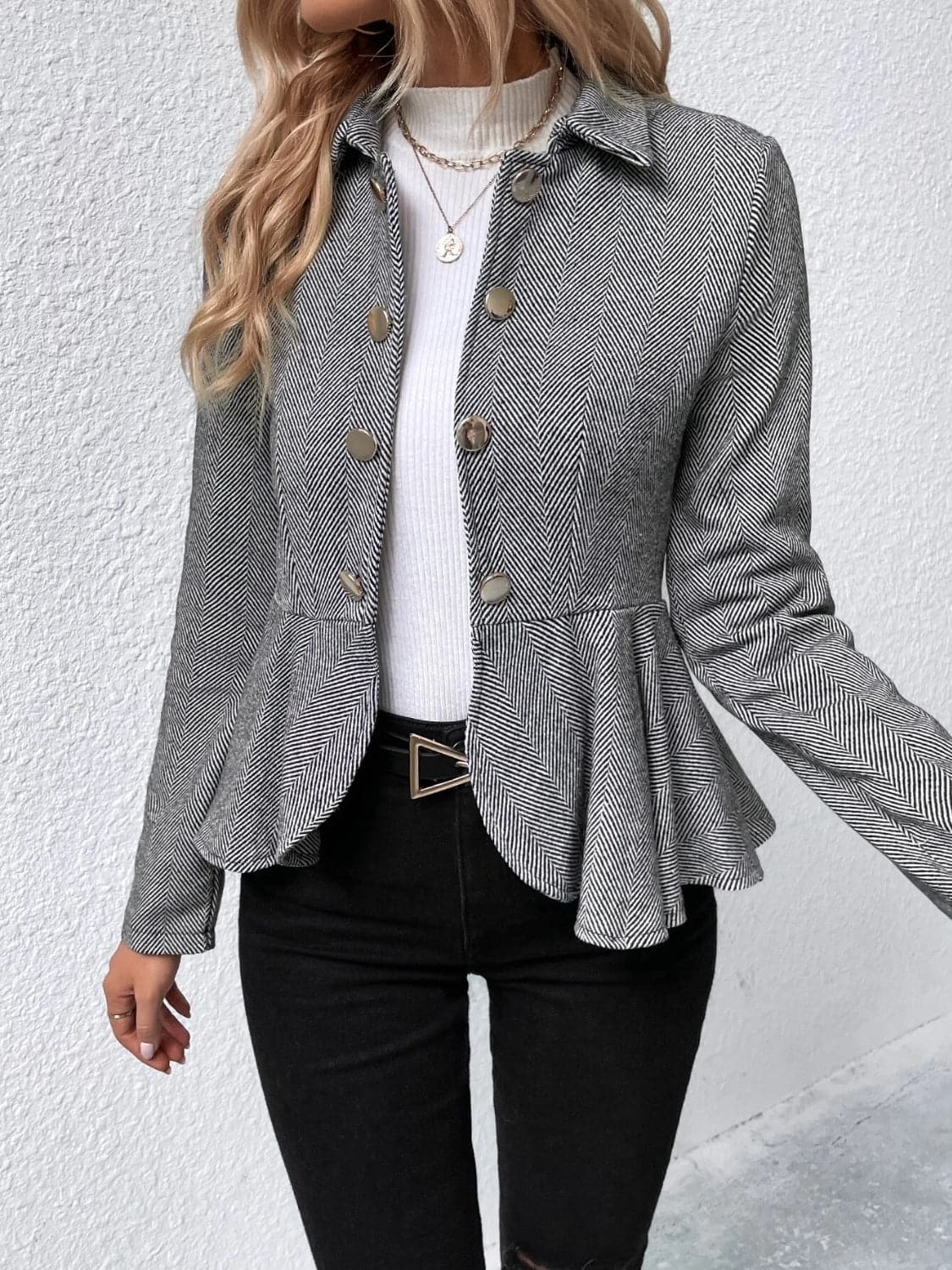 Ruffle Hem Collared Blazer.