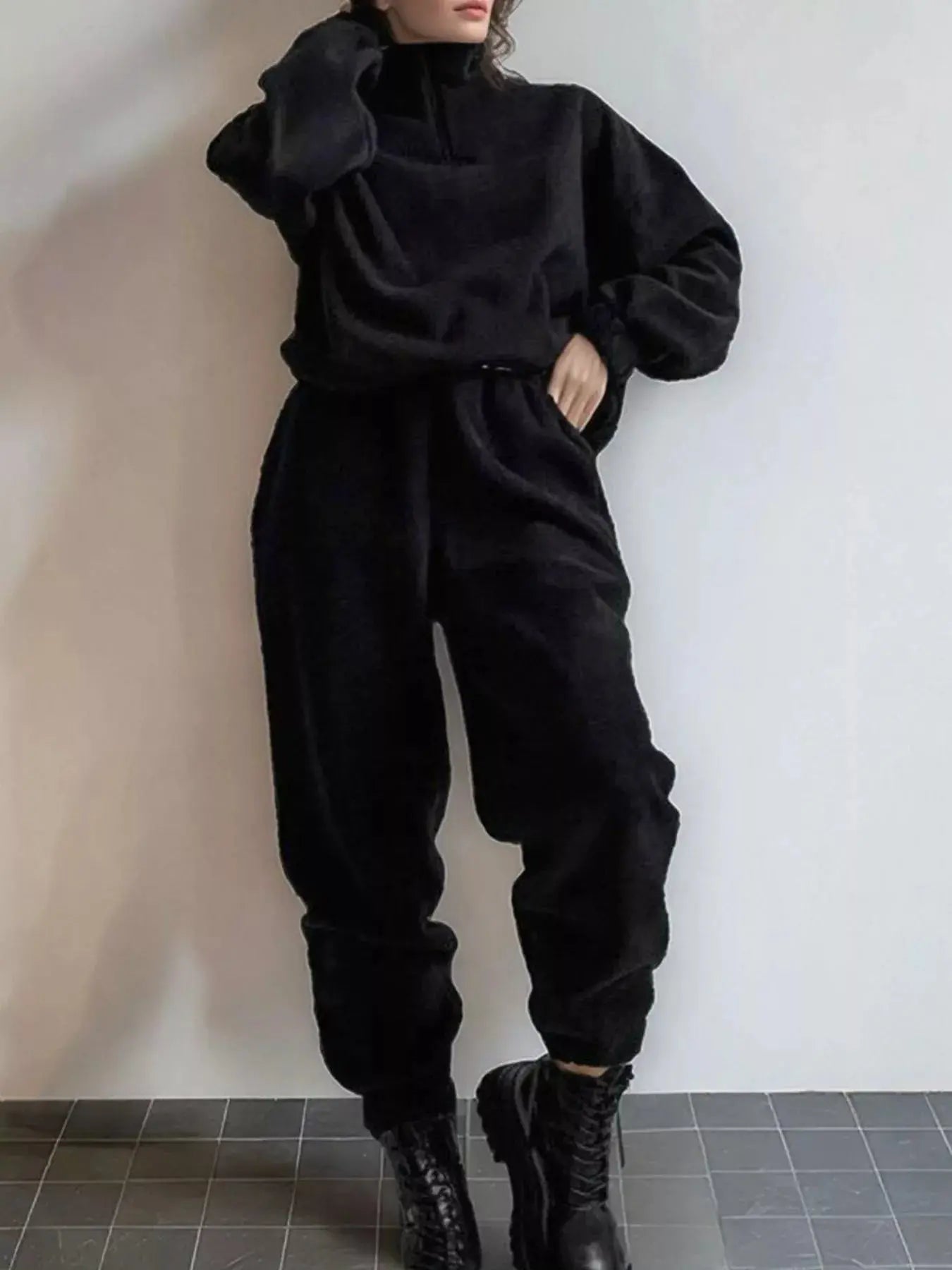 White Fleece Quarter Zip Sweatshirt And Pants Set Two Piece Loungewear Simply Love