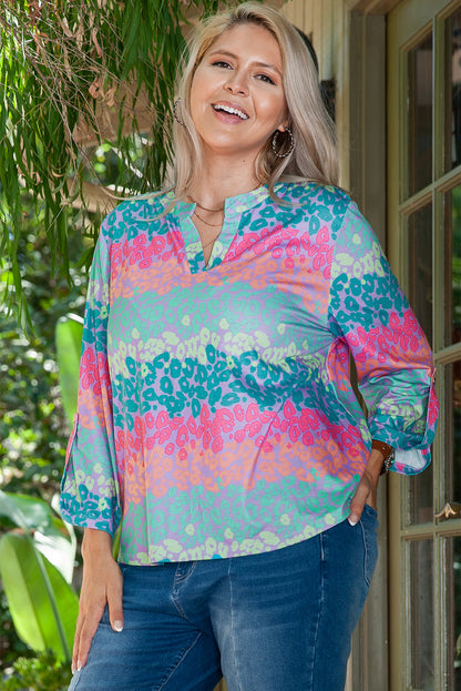 Bold Green Leopard Print Plus Size Top with 3/4 Sleeves