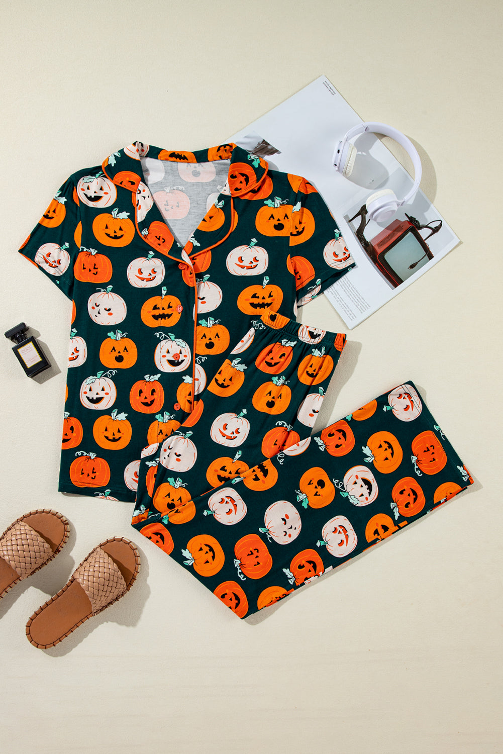 Festive orange Halloween short sleeve pajama set